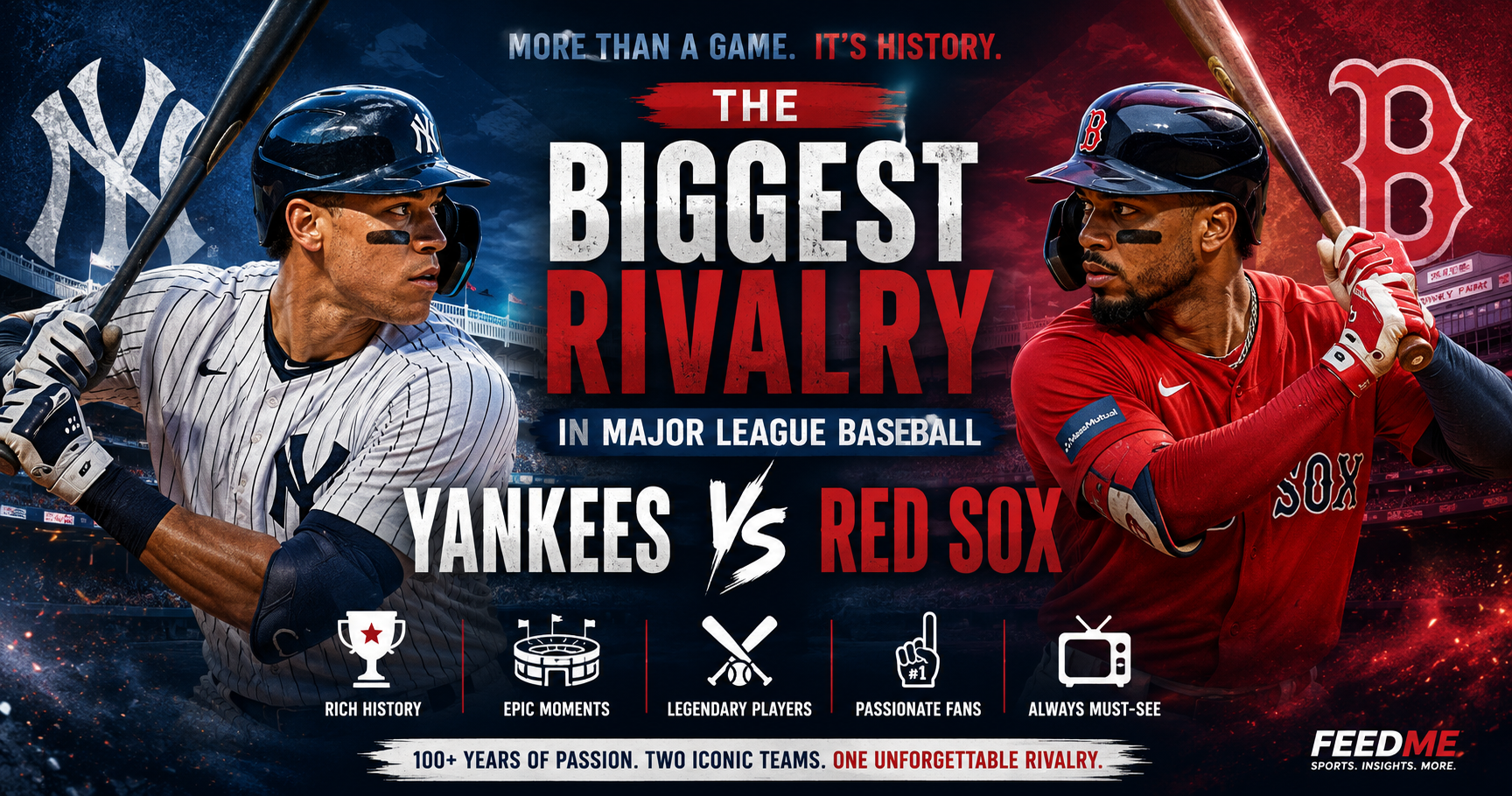 New York Yankees and Boston Red Sox players facing each other in a packed MLB stadium.