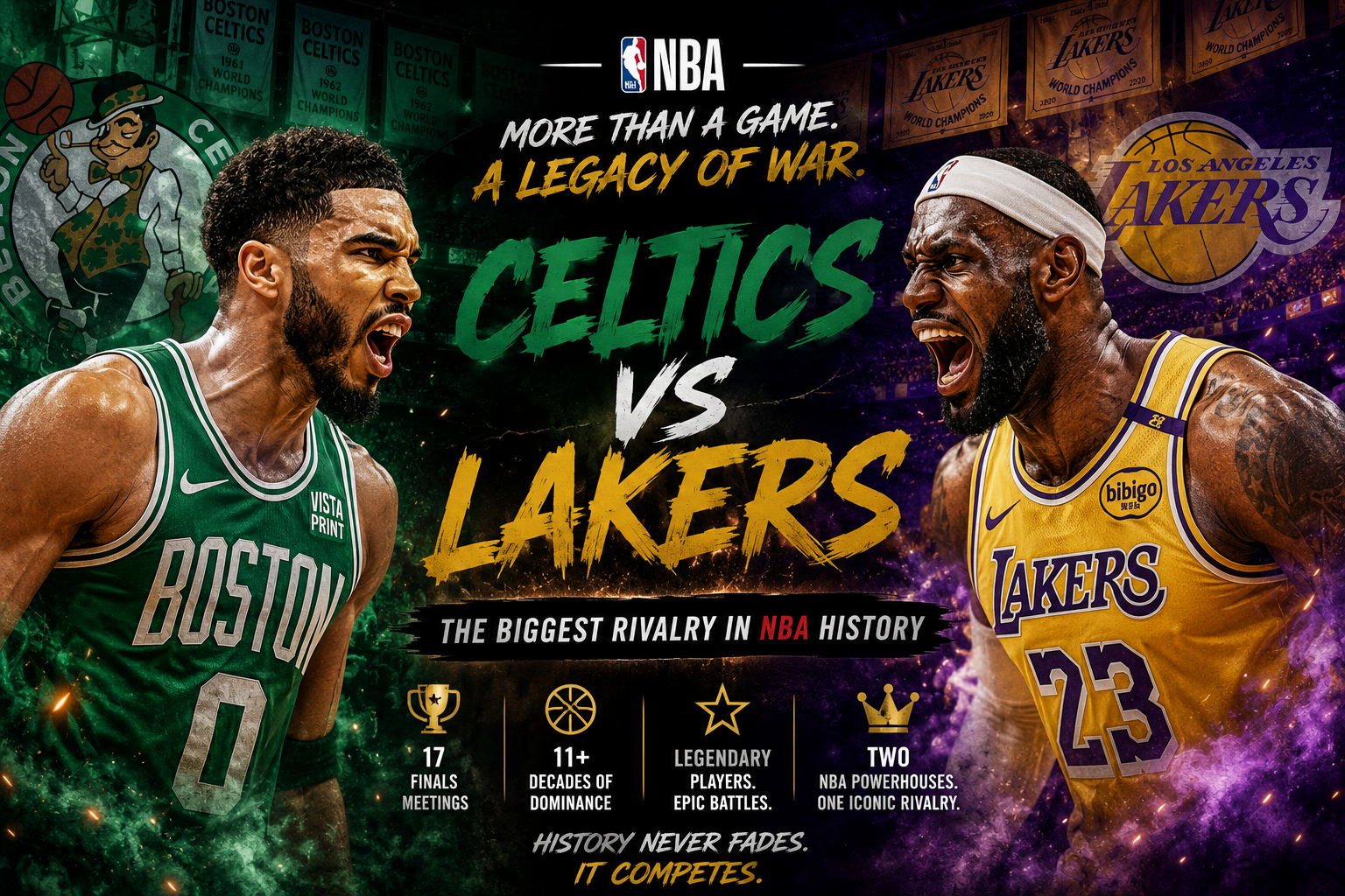 Boston Celtics and Los Angeles Lakers players competing during a packed NBA game.