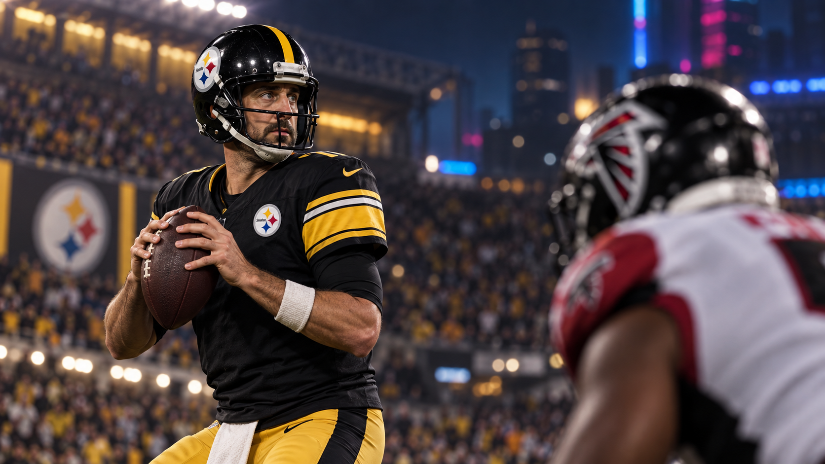 Aaron Rodgers preparing to pass against the Atlanta Falcons in Pittsburgh.