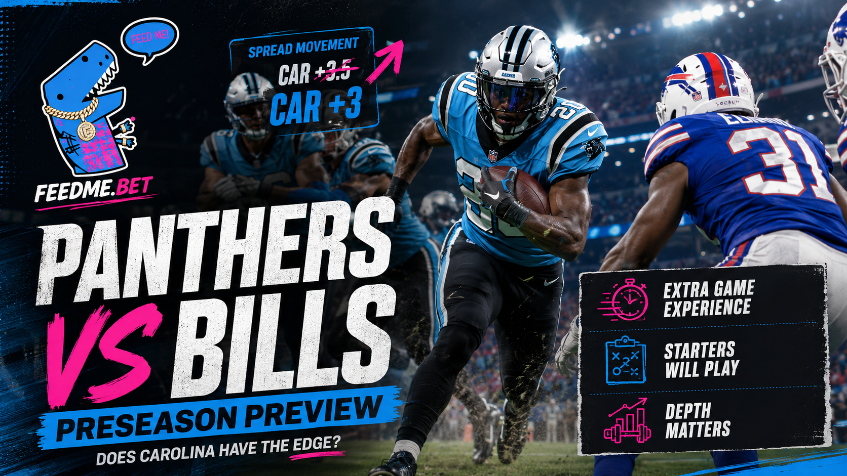 Panthers vs Bills preseason preview FeedMe graphic showing Carolina +3 and Hall of Fame Game experience