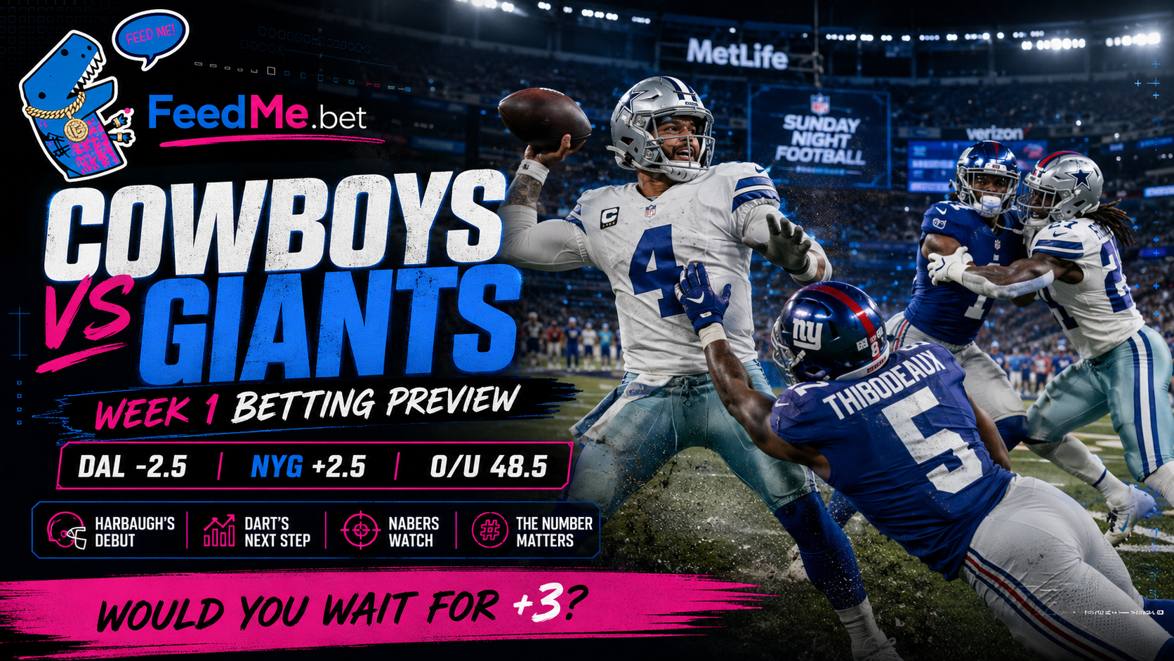 Cowboys vs Giants Week 1 betting preview graphic featuring Dallas and New York game action, Giants +2.5, and FeedMe betting analysis