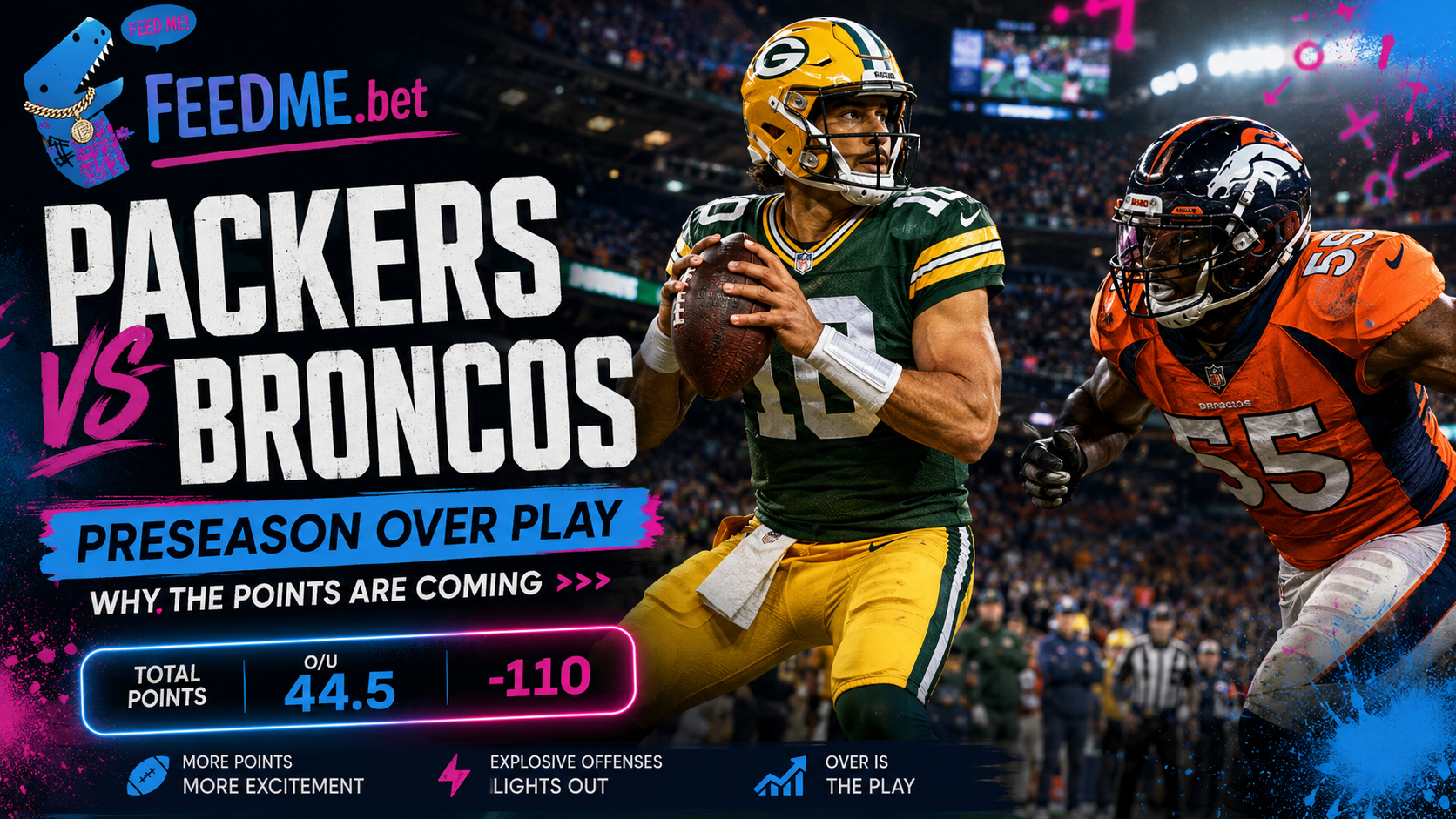 FeedMe.bet Packers vs Broncos preseason betting graphic featuring Green Bay and Denver game action, an over 40 angle, and a neon football showdown design.