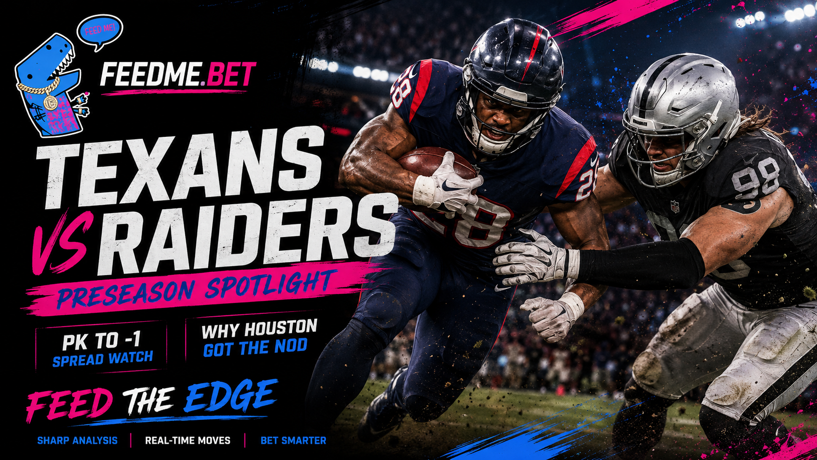 Houston Texans vs Las Vegas Raiders preseason matchup featuring NFL players in an intense football battle with stadium lights and game-day atmosphere