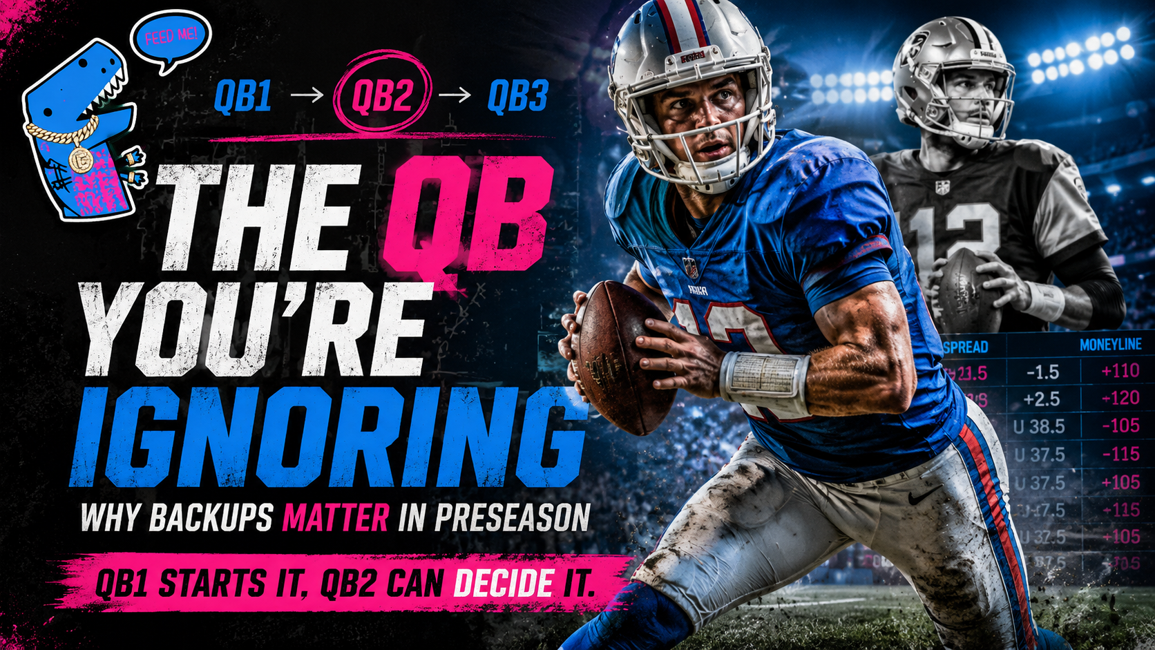 FeedMe NFL preseason graphic featuring starting and backup quarterbacks with a QB1-to-QB3 depth chart and neon blue and pink betting-analysis design.