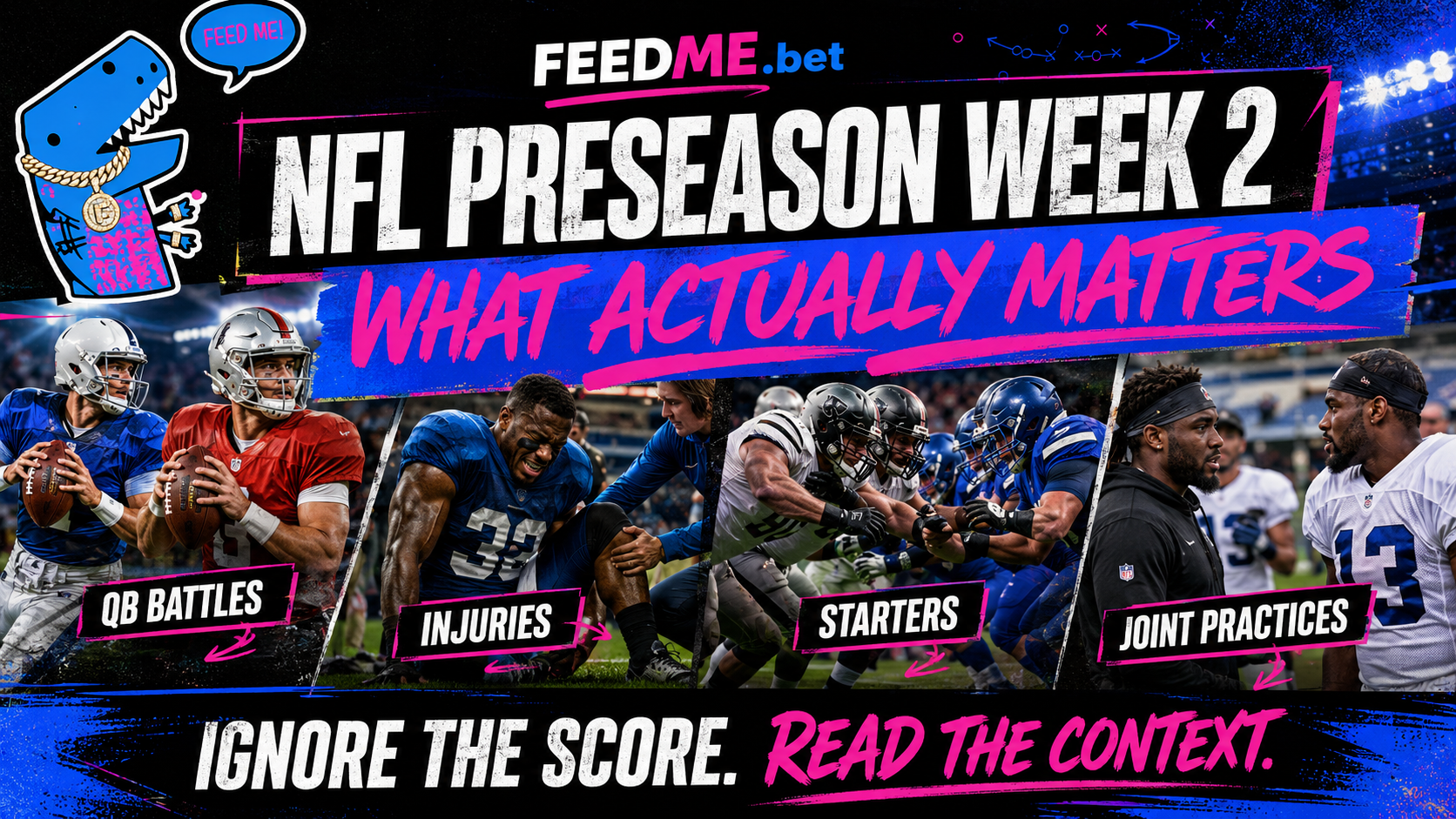 FeedMe NFL Preseason Week 2 recap graphic featuring quarterback battles, injuries, joint-practice action, and key preseason storylines in a neon blue and pink sports design.