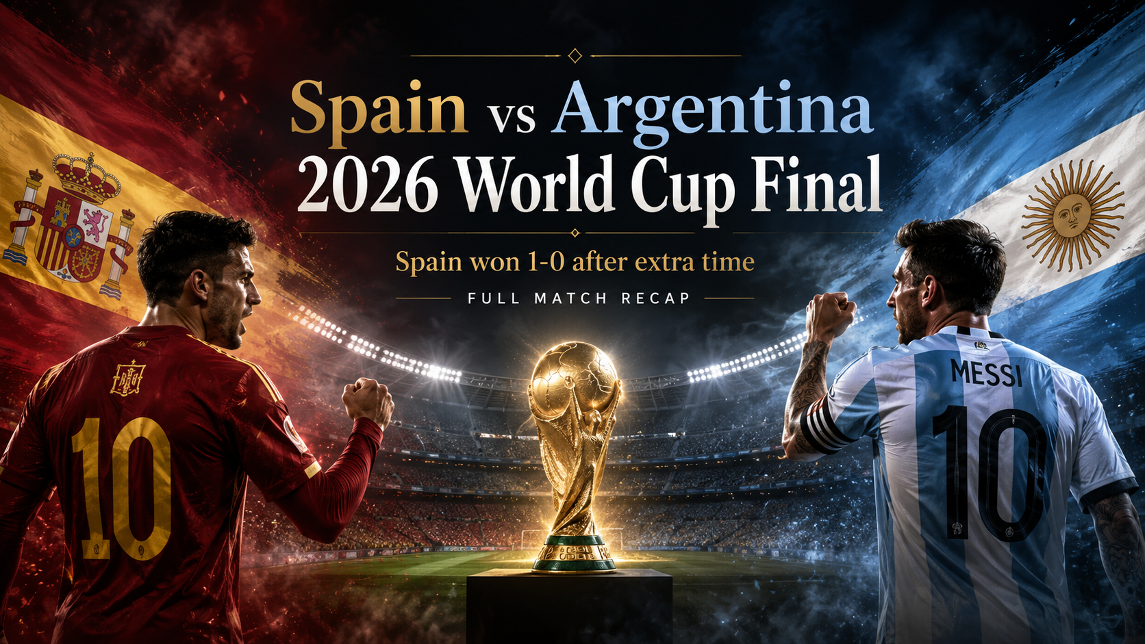 Spain and Argentina players facing each other beside the World Cup trophy at the 2026 final.