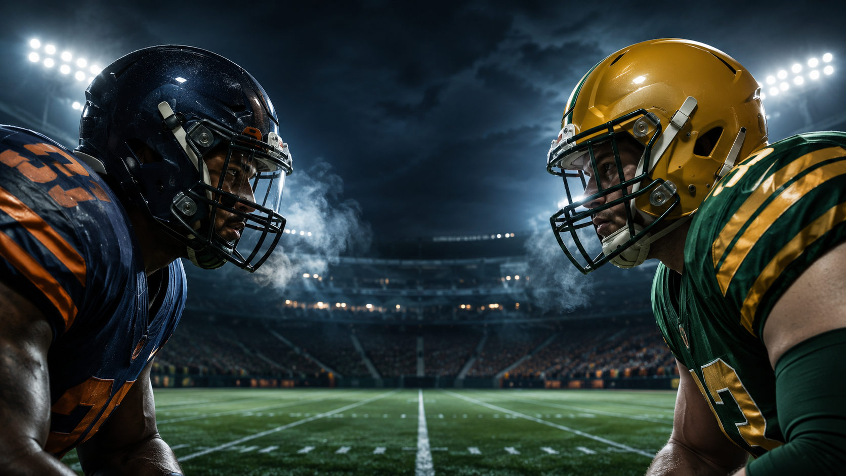 Chicago and Green Bay football players facing each other in a rivalry game under stadium lights