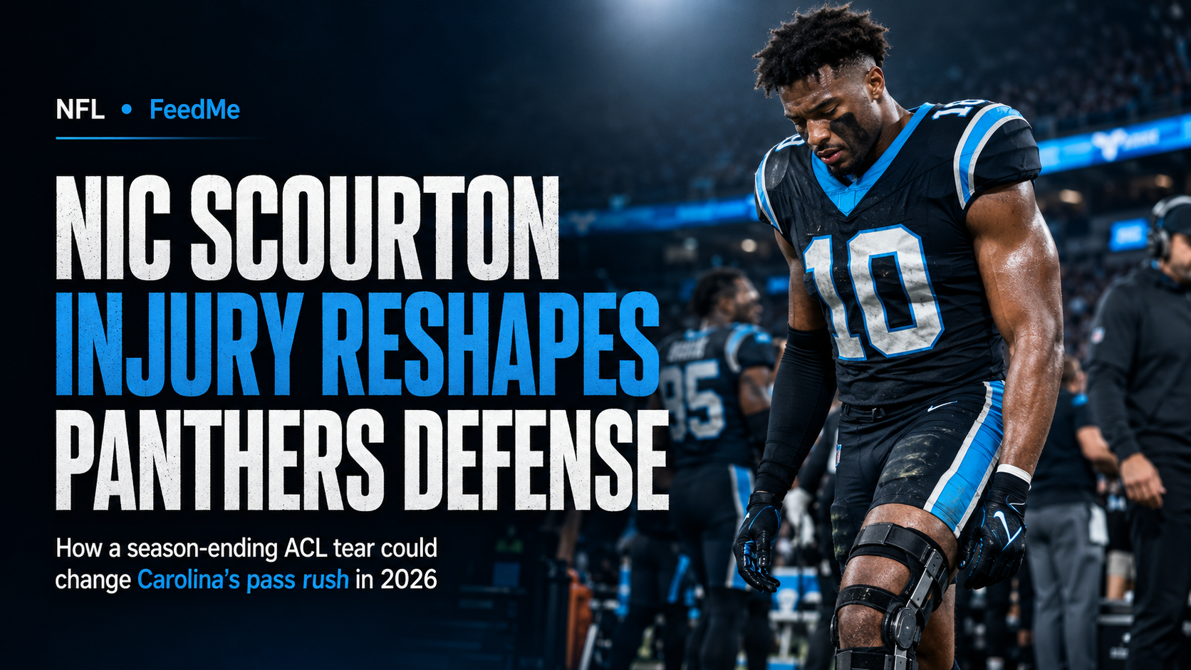 Nic Scourton standing on the field in a Carolina Panthers uniform before the 2026 NFL season.