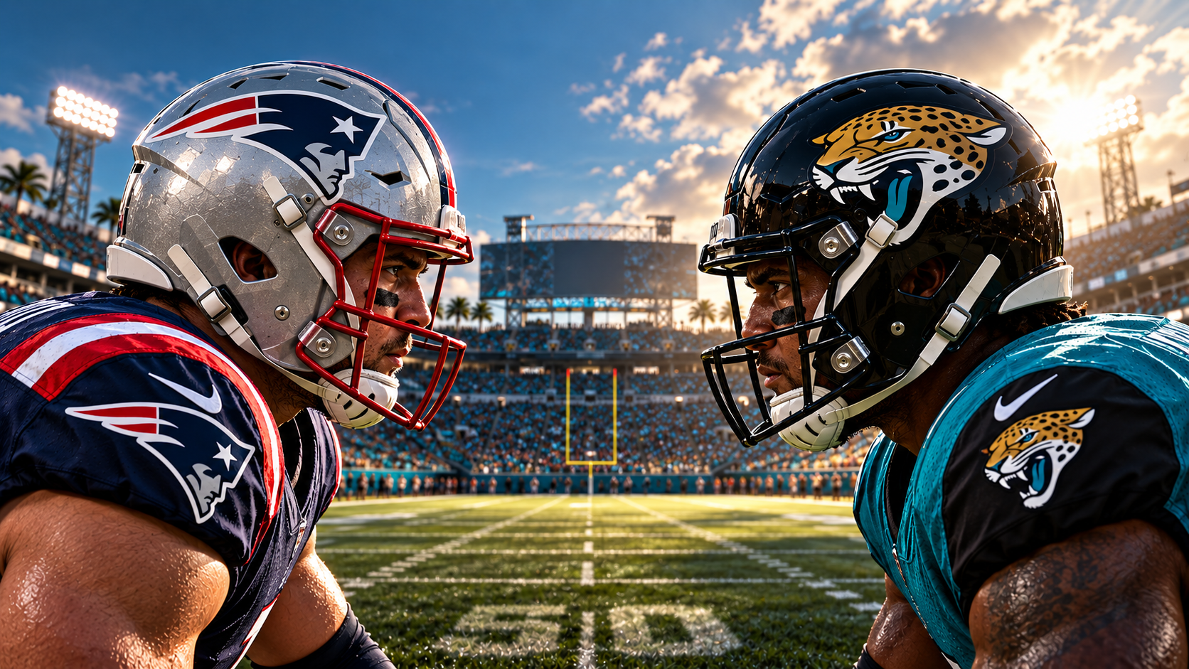 Patriots and Jaguars players facing the field ahead of their Week 3 matchup in Jacksonville