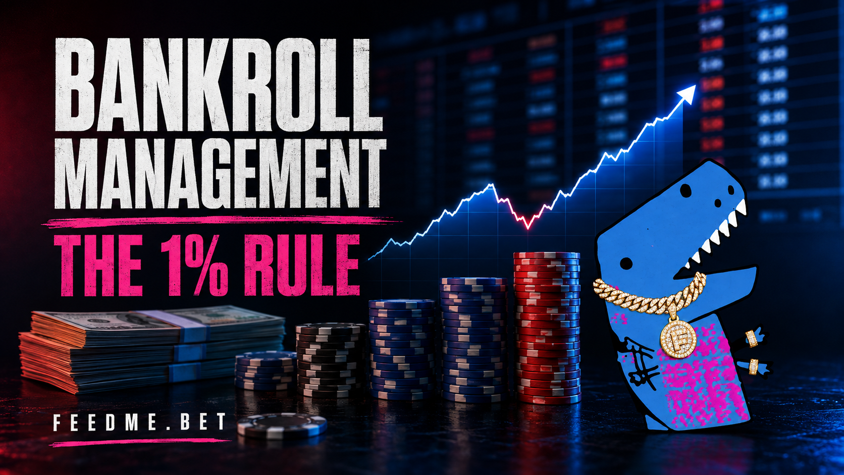 Sports betting bankroll management graphic with betting chips, money and the FeedMe mascot