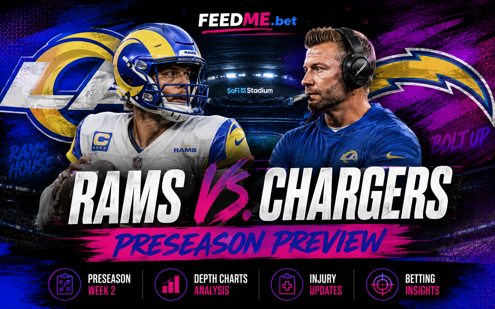 Rams vs. Chargers preseason preview graphic featuring Sean McVay and Matthew Stafford