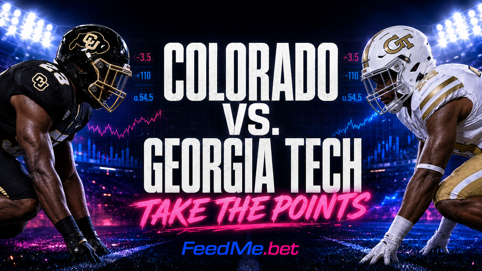 Colorado and Georgia Tech football players facing off with betting lines and Take the Points displayed.